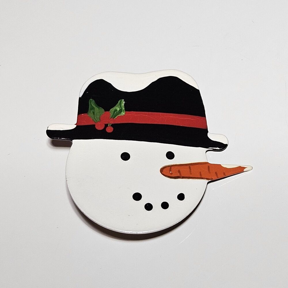 Signed Handmade Vintage Painted Metal Snowman Brooch